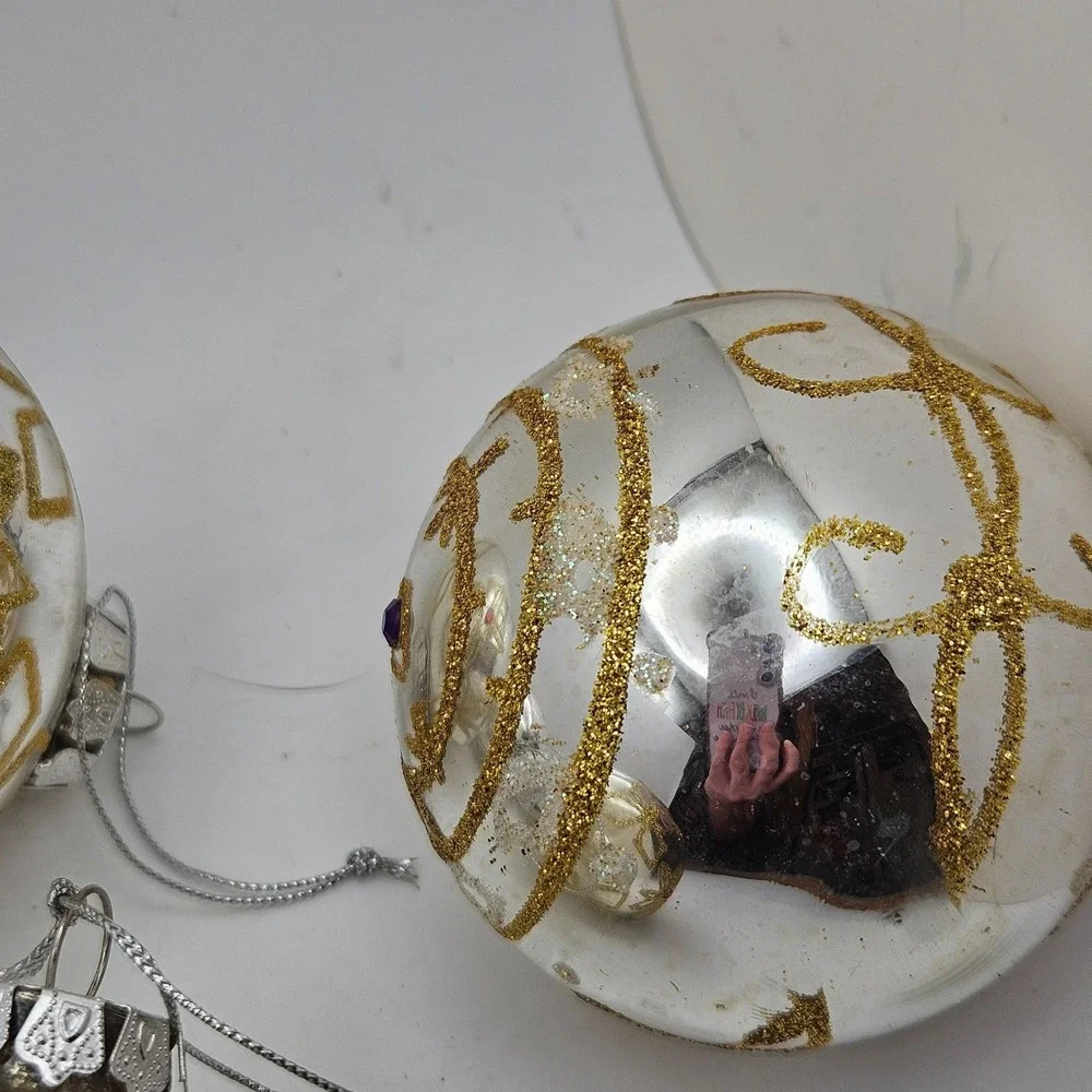 Vintage Glass Christmas Ornaments Lot of 4 Gold Glitter Jeweled Balls
